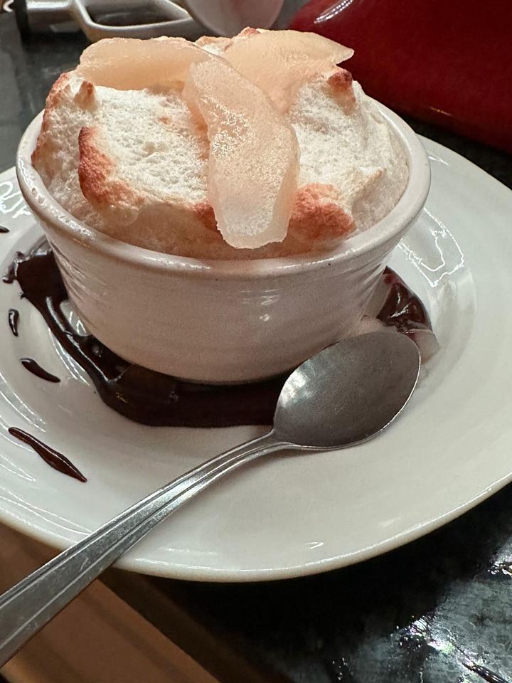 Souffles Tiedes aux Poires, Sauce Chocolat (Pear Souffle with Chocolate&nbsp;Sauce).